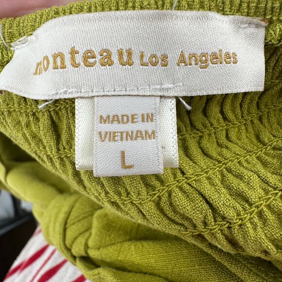 Monteau Crop Top Womens L Green Linen Blend Knot Front Smocked Back Breathable - Picture 7 of 9